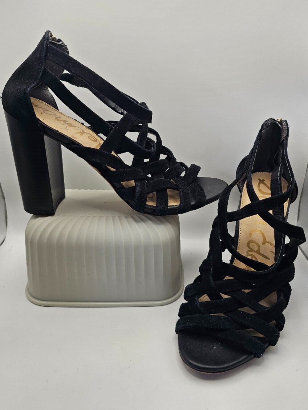 Sam Edelman “Yori” Black Suede Strappy Block Heel Sandals – Size 8.5